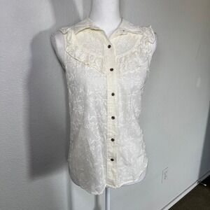 Anthropologie Maeve Size 6 Floral Embroidered Sleeveless Top Ruffles Button Down